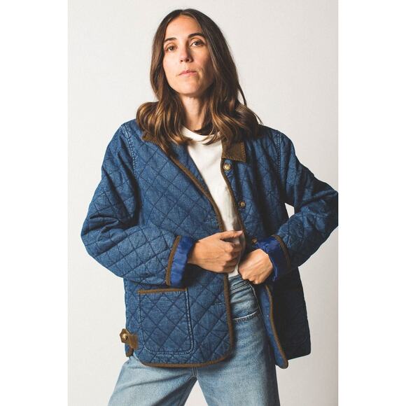 Vintage Talbots Denim Barn Jacket Petite Medium Blue Quilted Corduroy Trim Chore - Picture 2 of 15